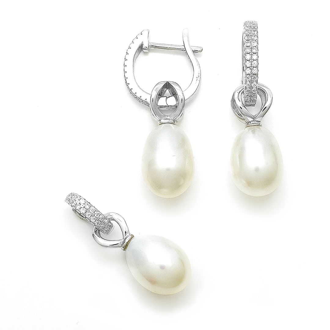 Stříbrná souprava kapky perly bílé