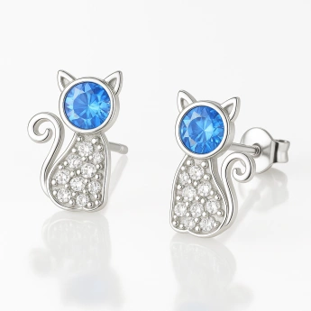 Stříbrné náušnice kočky s modrým zirkonem Sammael