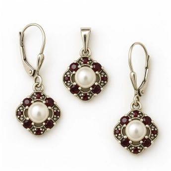 Stříbrná souprava český granát/perla Stefany