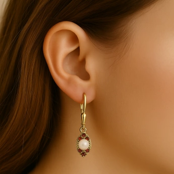 Zlaté granátové náušnice s perlou Stefany