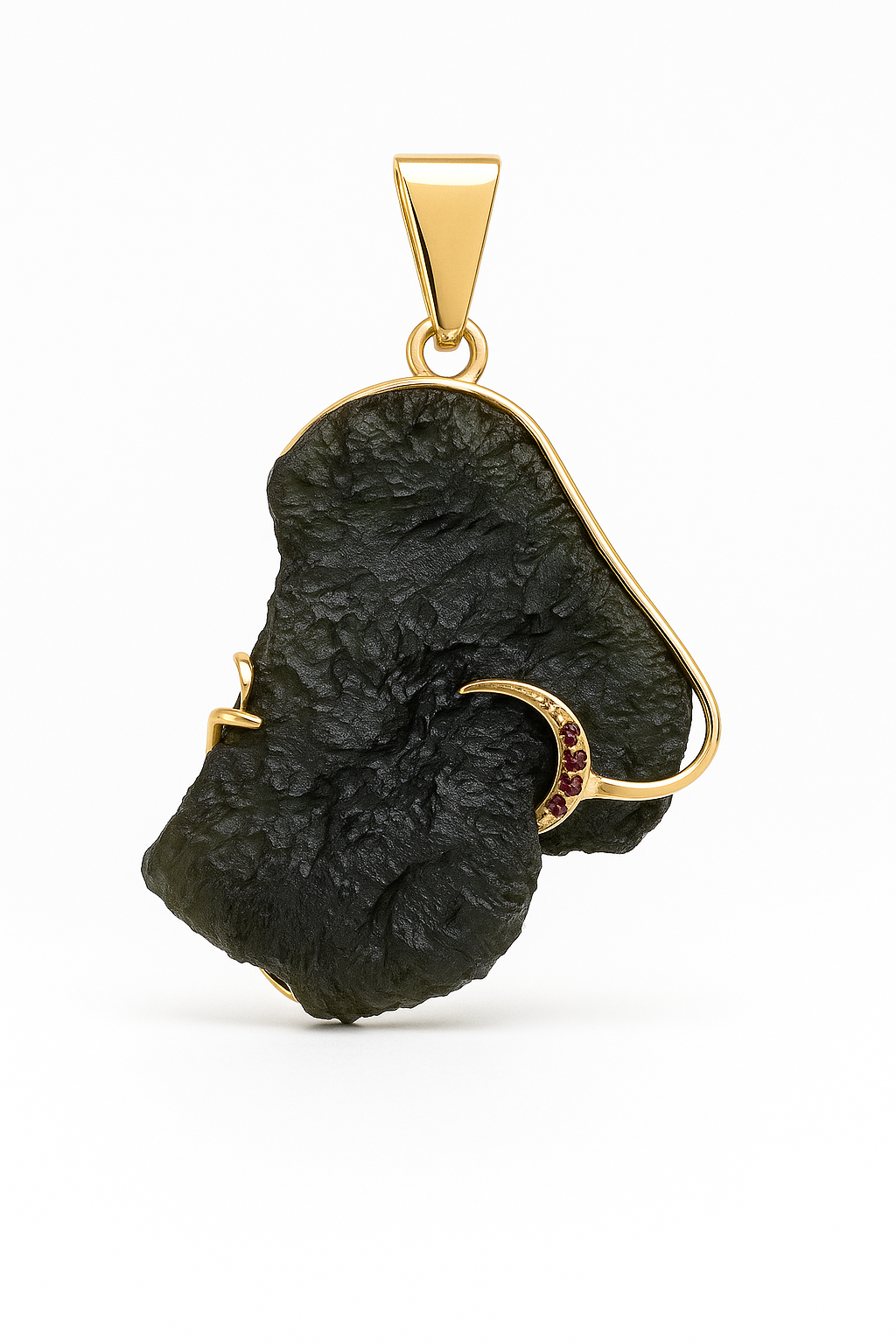 Zlatý přívěsek-vltavín a český granát ve zlatém rámečku Saffron