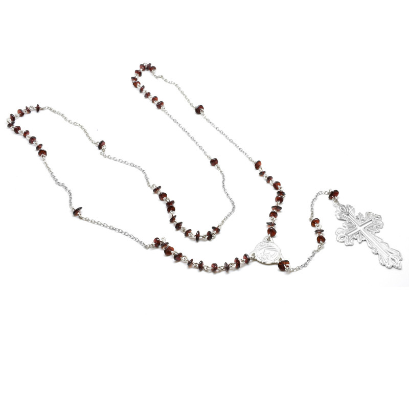 Dlouhý stříbrný náhrdelník růženec s českými granáty