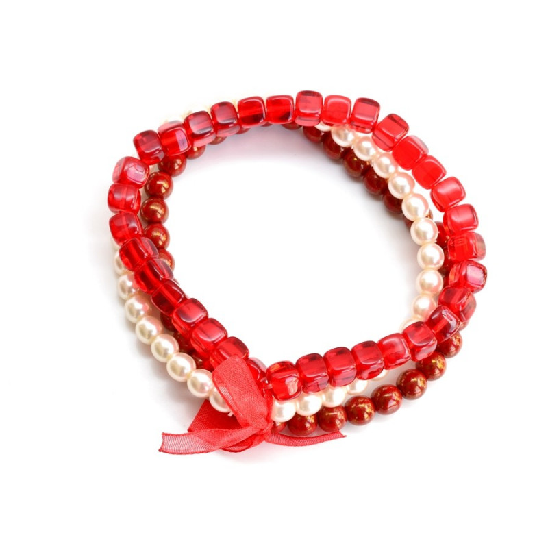 Něžný perličkový náramek s mašličkou, červený